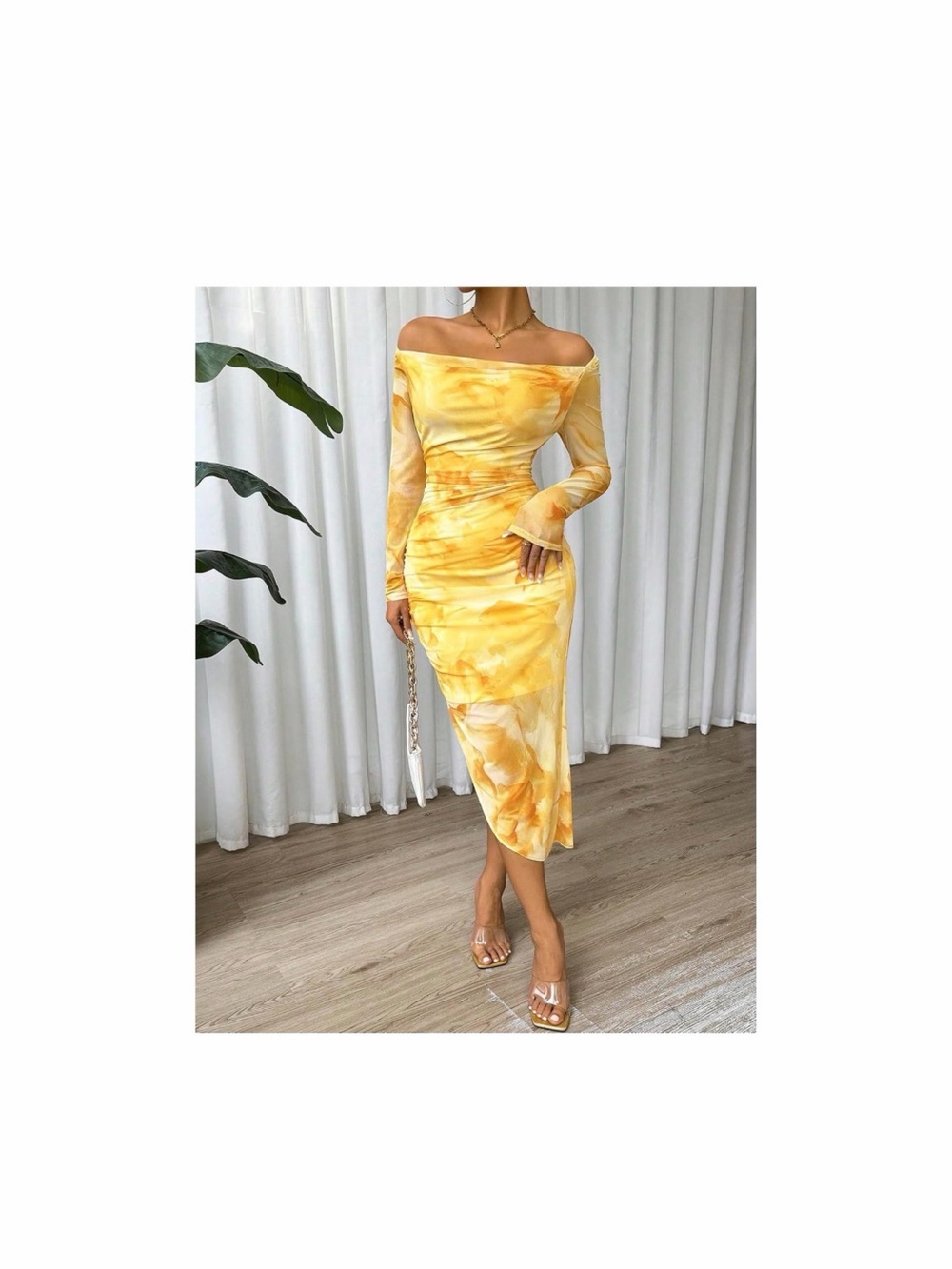 Off-Shoulder Yellow Marble Midi Dress with Long Sleeves